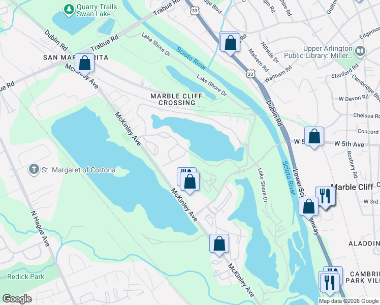 map of restaurants, bars, coffee shops, grocery stores, and more near Quarry Lake Drive in Columbus