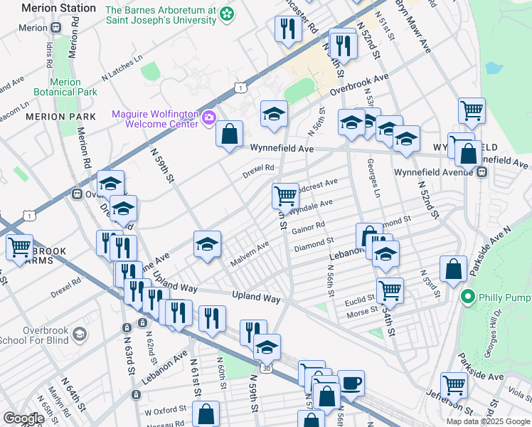 map of restaurants, bars, coffee shops, grocery stores, and more near 5729 Wyndale Avenue in Philadelphia
