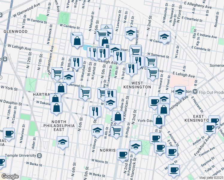 map of restaurants, bars, coffee shops, grocery stores, and more near 405 West Cumberland Street in Philadelphia
