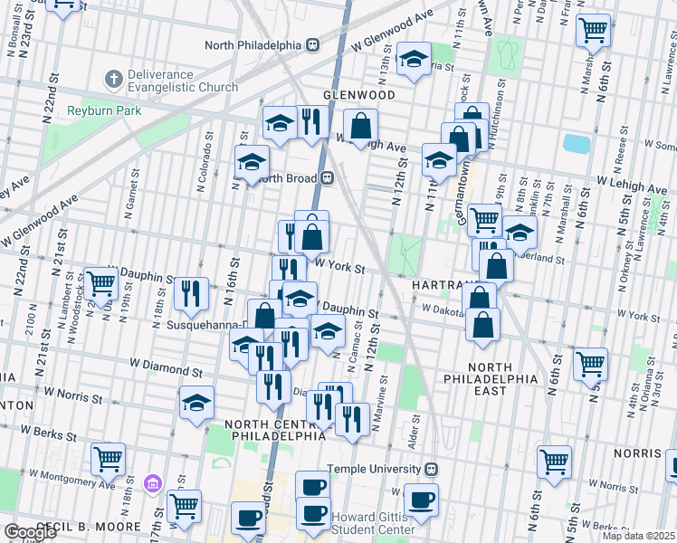 map of restaurants, bars, coffee shops, grocery stores, and more near 2353 North Park Avenue in Philadelphia
