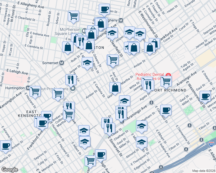 map of restaurants, bars, coffee shops, grocery stores, and more near 2130 East Birch Street in Philadelphia