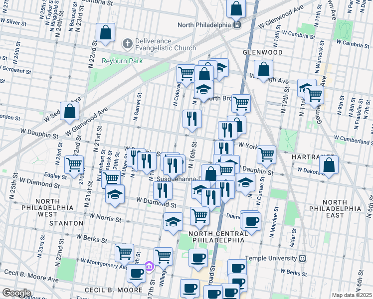 map of restaurants, bars, coffee shops, grocery stores, and more near 2317 North Smedley Street in Philadelphia