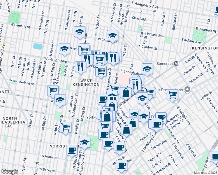 map of restaurants, bars, coffee shops, grocery stores, and more near 2541 North Howard Street in Philadelphia