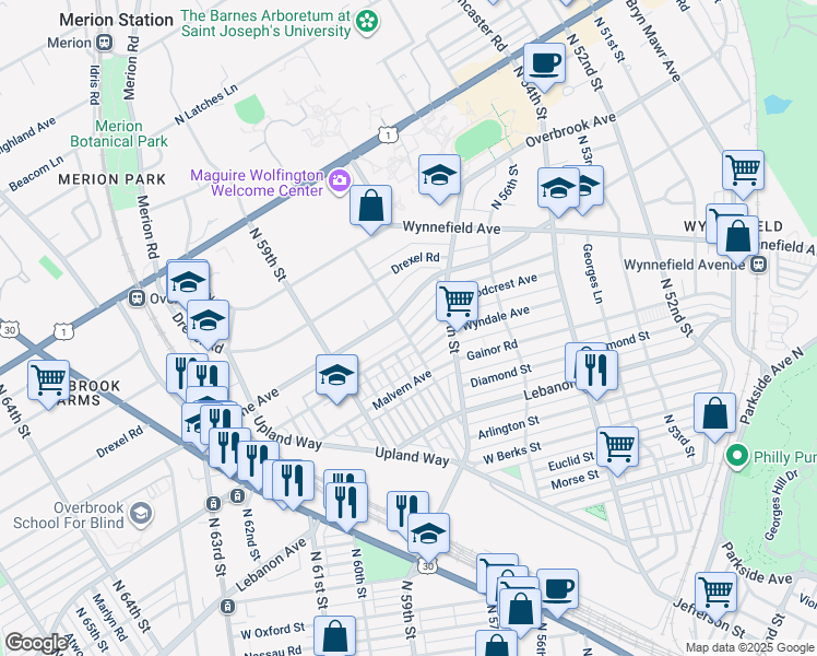 map of restaurants, bars, coffee shops, grocery stores, and more near 5763 Woodcrest Avenue in Philadelphia