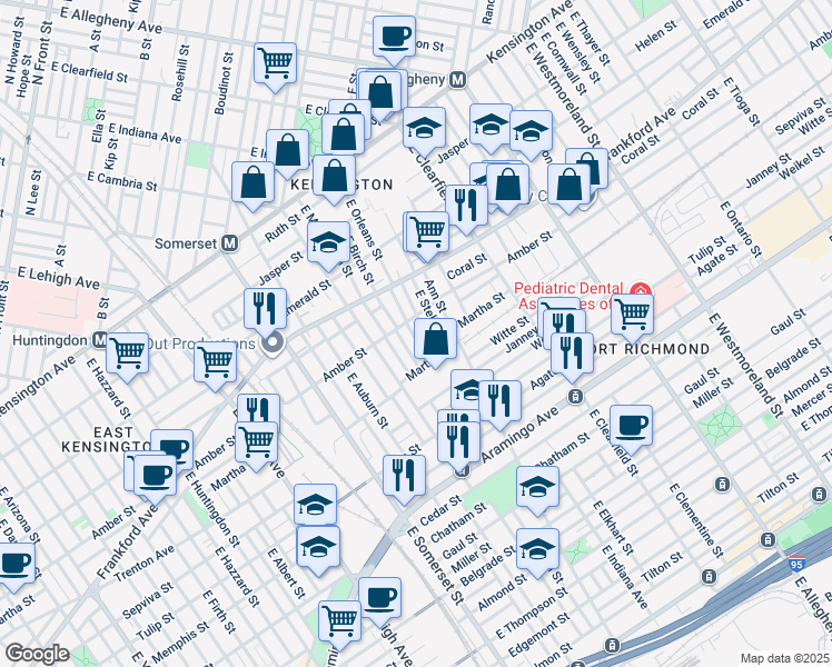 map of restaurants, bars, coffee shops, grocery stores, and more near 2119 East Orleans Street in Philadelphia