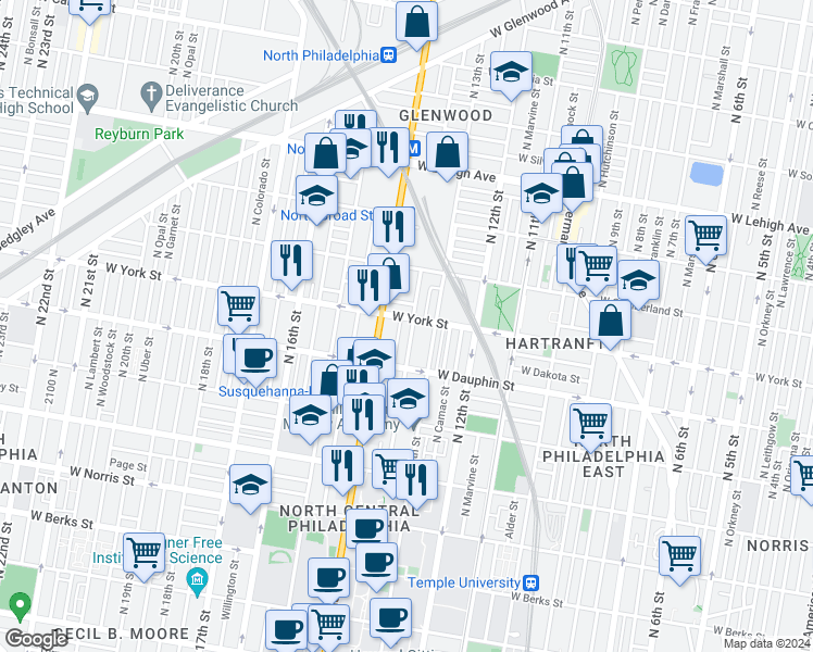 map of restaurants, bars, coffee shops, grocery stores, and more near 2350 North Park Avenue in Philadelphia