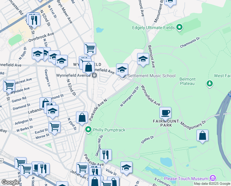 map of restaurants, bars, coffee shops, grocery stores, and more near Parkside Avenue North in Philadelphia