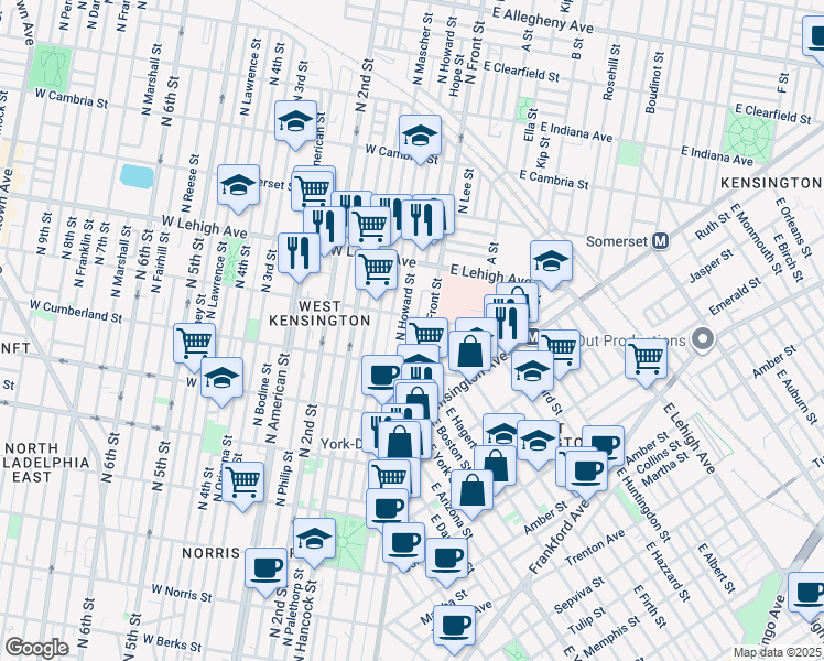 map of restaurants, bars, coffee shops, grocery stores, and more near 2558 Hope Street in Philadelphia