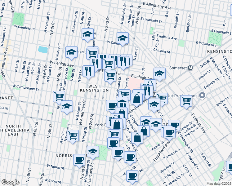 map of restaurants, bars, coffee shops, grocery stores, and more near 2542 North Howard Street in Philadelphia