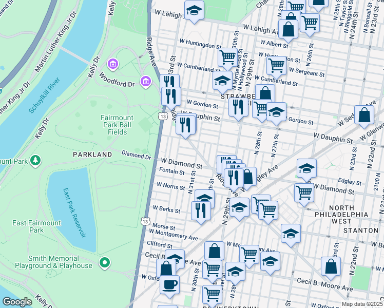 map of restaurants, bars, coffee shops, grocery stores, and more near 3111 Westmont Street in Philadelphia