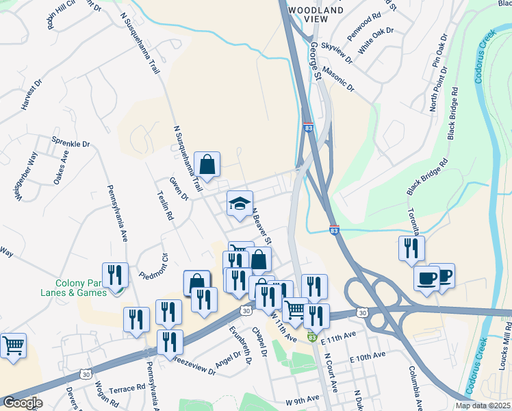 map of restaurants, bars, coffee shops, grocery stores, and more near 1953 North Beaver Street in York
