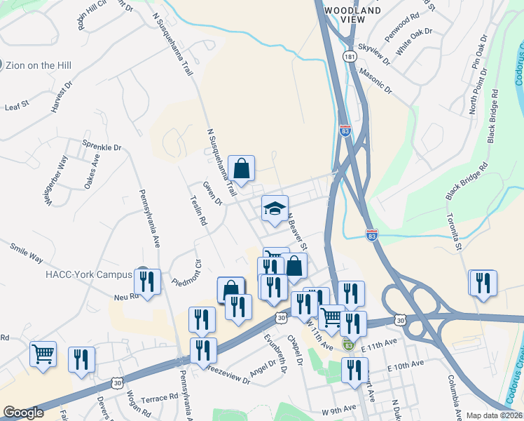map of restaurants, bars, coffee shops, grocery stores, and more near 1979 North Susquehanna Trail in York