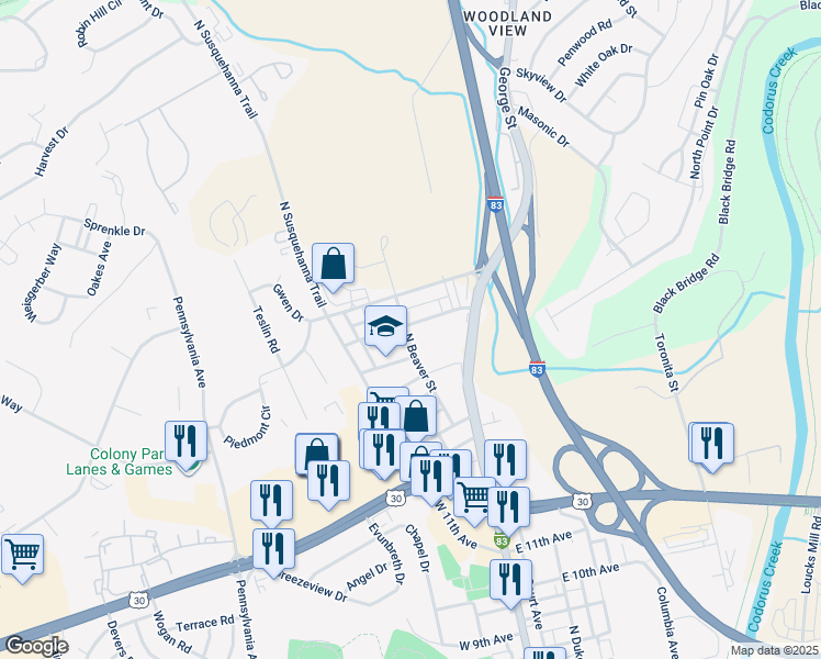 map of restaurants, bars, coffee shops, grocery stores, and more near 1953 North Beaver Street in York