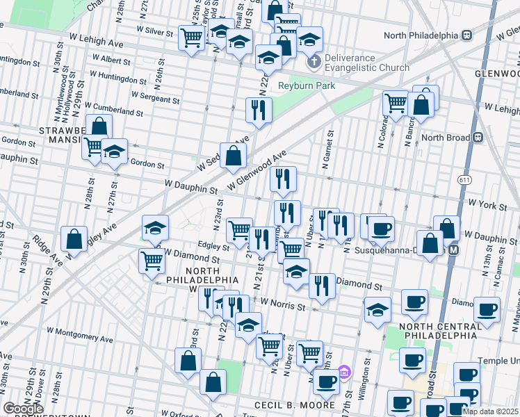 map of restaurants, bars, coffee shops, grocery stores, and more near 2251 North Van Pelt Street in Philadelphia