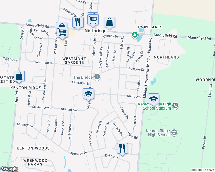map of restaurants, bars, coffee shops, grocery stores, and more near 1730 Sierra Avenue in Springfield
