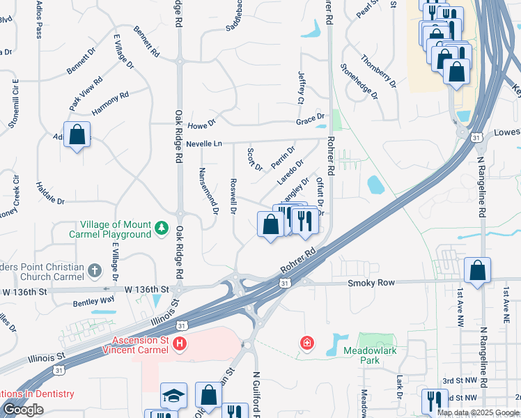 map of restaurants, bars, coffee shops, grocery stores, and more near 13707 Eglin Drive in Carmel