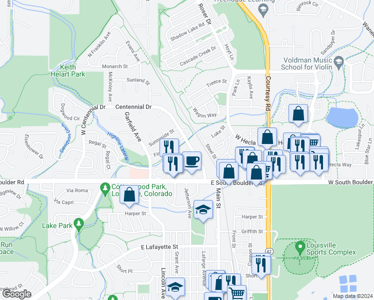 map of restaurants, bars, coffee shops, grocery stores, and more near 1957 Centennial Drive in Louisville