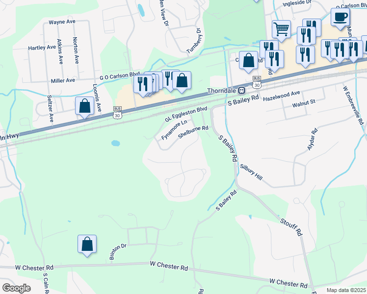 map of restaurants, bars, coffee shops, grocery stores, and more near 2828 Westerham Road in Downingtown