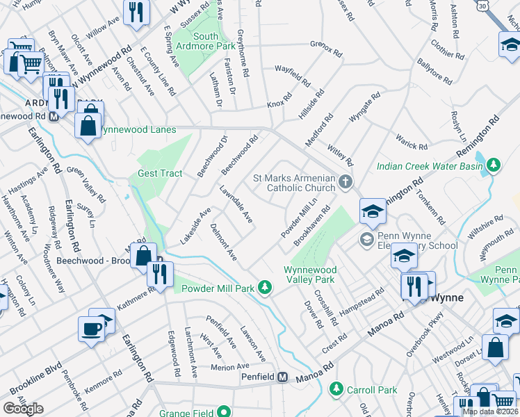map of restaurants, bars, coffee shops, grocery stores, and more near 1401 Lawndale Avenue in Havertown
