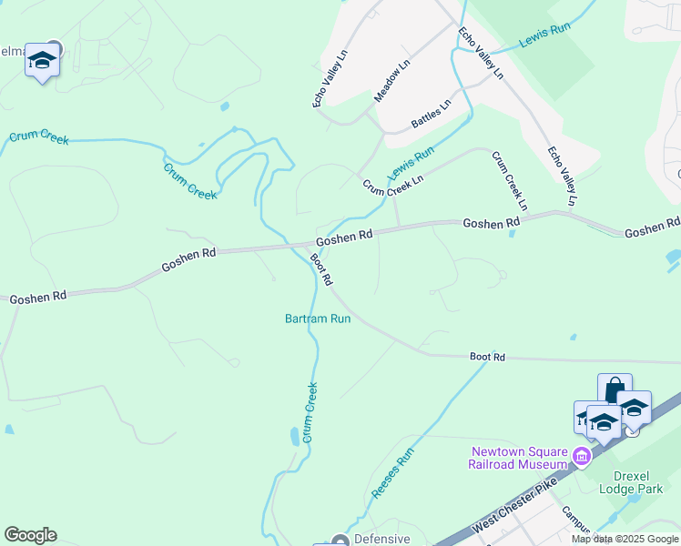 map of restaurants, bars, coffee shops, grocery stores, and more near 109 Boot Road in Newtown Square