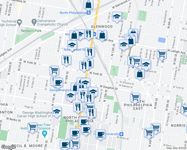 map of restaurants, bars, coffee shops, grocery stores, and more near 2352 North Park Avenue in Philadelphia