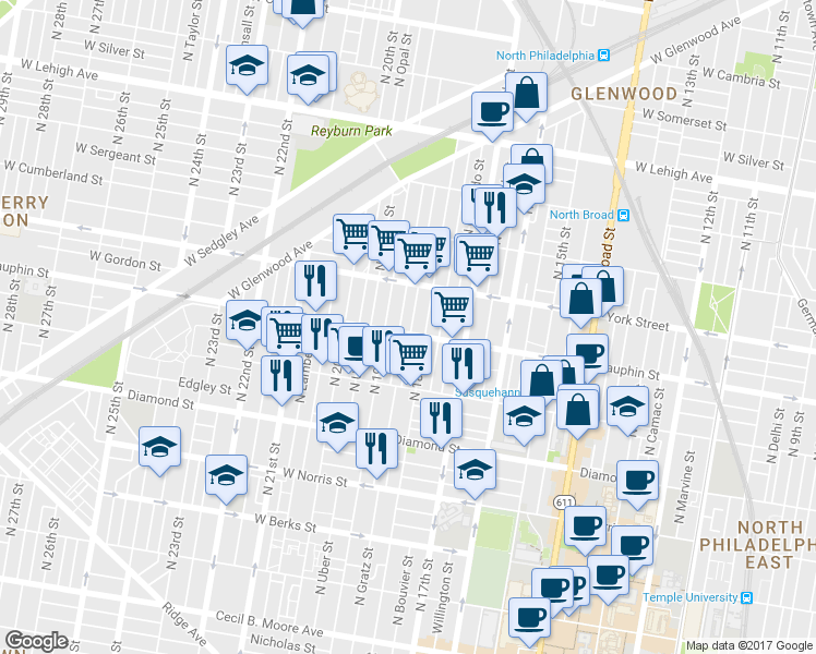 map of restaurants, bars, coffee shops, grocery stores, and more near 2306 North Cleveland Street in Philadelphia