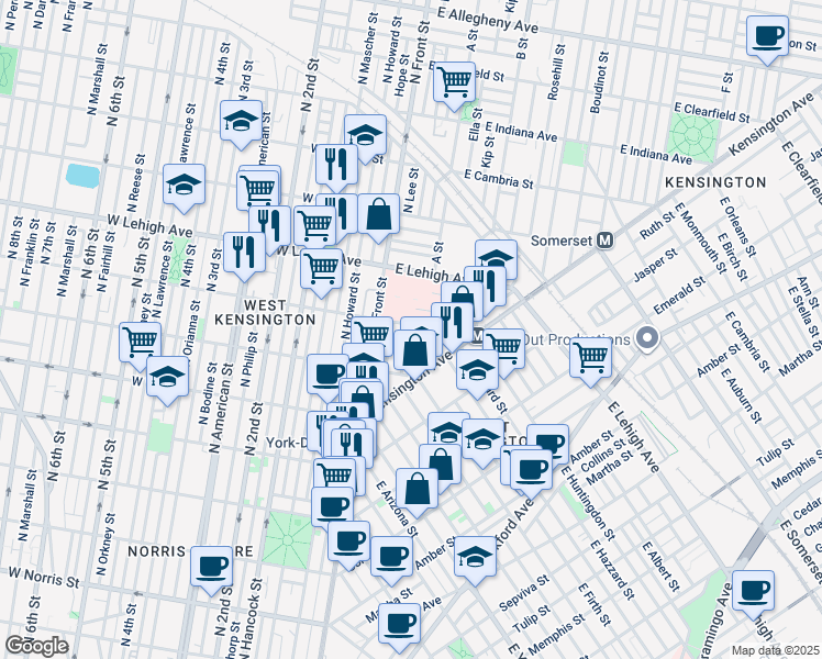 map of restaurants, bars, coffee shops, grocery stores, and more near 128 East Huntingdon Street in Philadelphia
