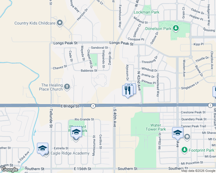 map of restaurants, bars, coffee shops, grocery stores, and more near 18481 East 160th Avenue in Brighton