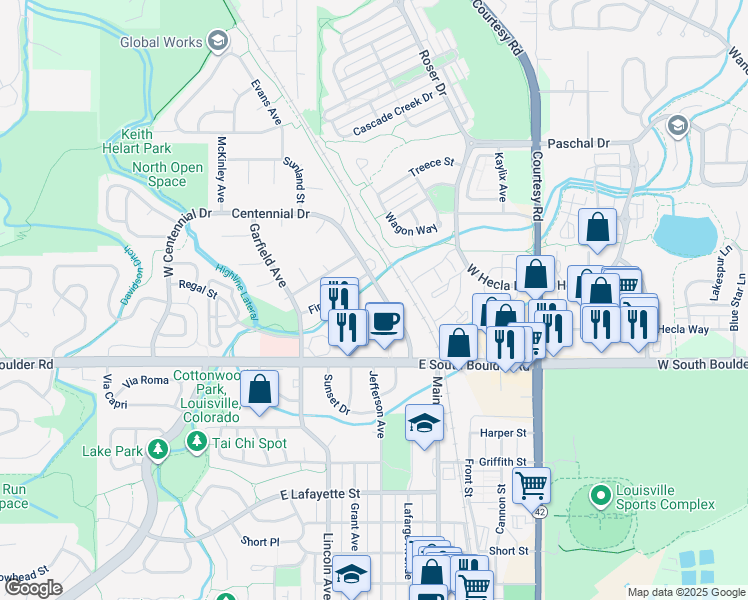 map of restaurants, bars, coffee shops, grocery stores, and more near 1917 Centennial Drive in Louisville