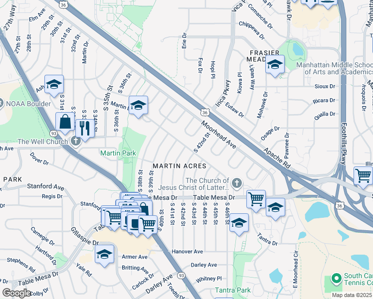 map of restaurants, bars, coffee shops, grocery stores, and more near 310 South 42nd Street in Boulder
