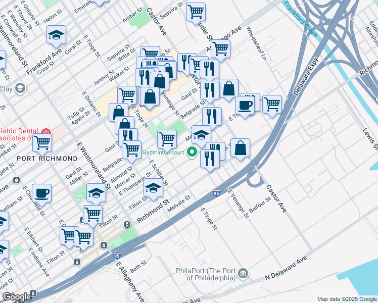 map of restaurants, bars, coffee shops, grocery stores, and more near 3544 Edgemont Street in Philadelphia