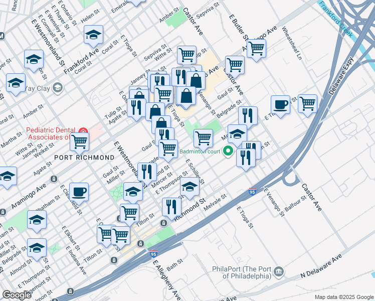 map of restaurants, bars, coffee shops, grocery stores, and more near 2611 East Schiller Street in Philadelphia