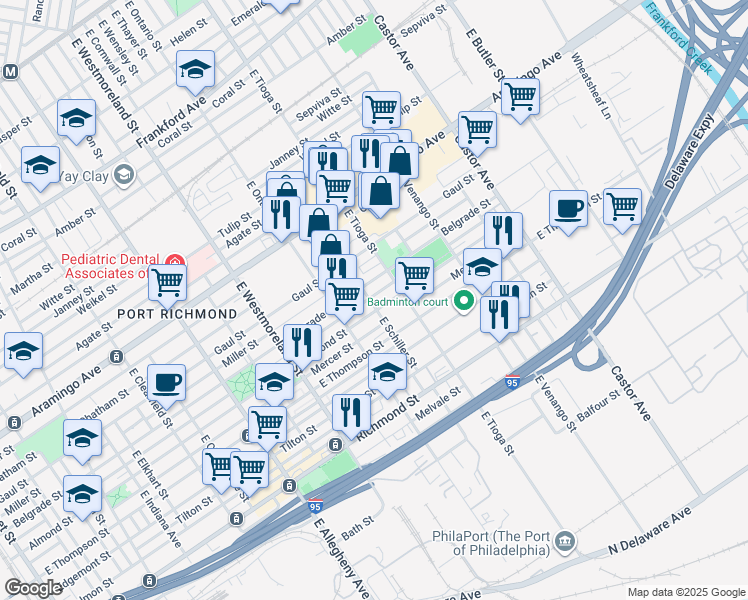 map of restaurants, bars, coffee shops, grocery stores, and more near 2611 East Schiller Street in Philadelphia