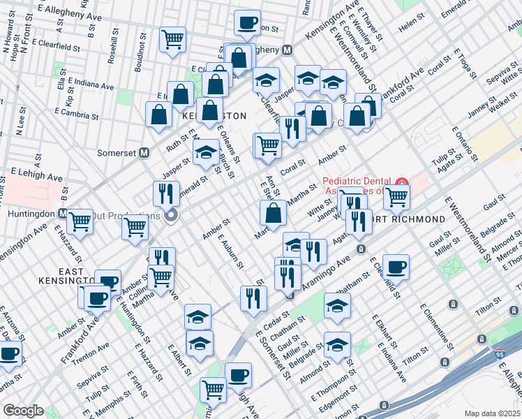 map of restaurants, bars, coffee shops, grocery stores, and more near 2119 East Orleans Street in Philadelphia