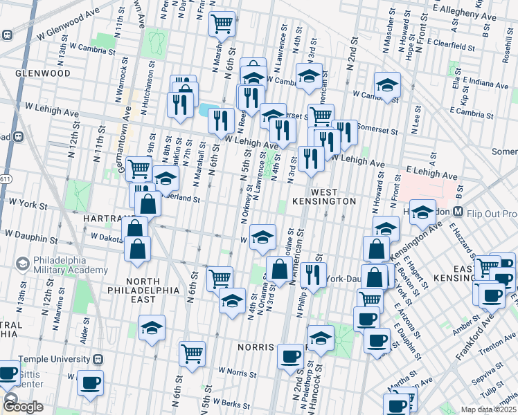 map of restaurants, bars, coffee shops, grocery stores, and more near 2453 North Leithgow Street in Philadelphia