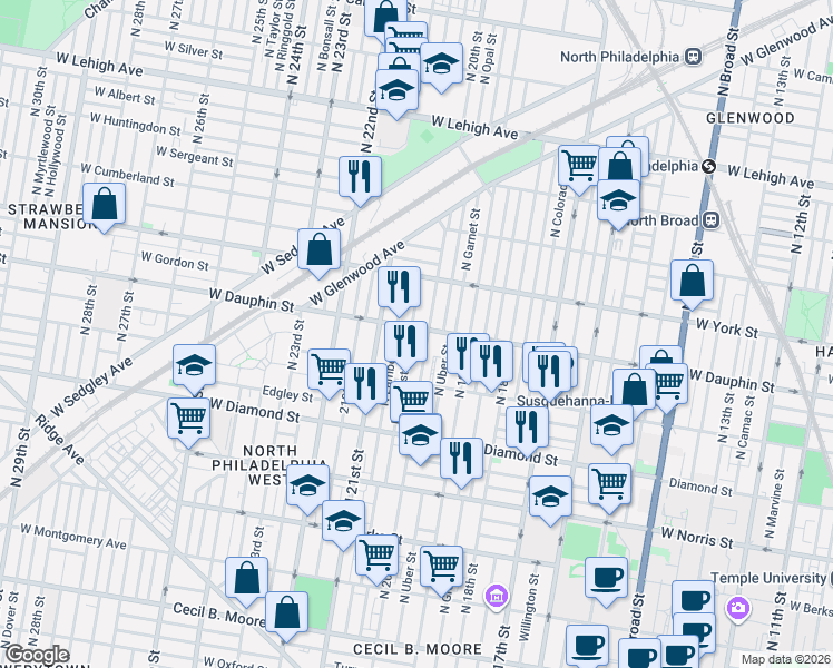 map of restaurants, bars, coffee shops, grocery stores, and more near 2236 North Woodstock Street in Philadelphia