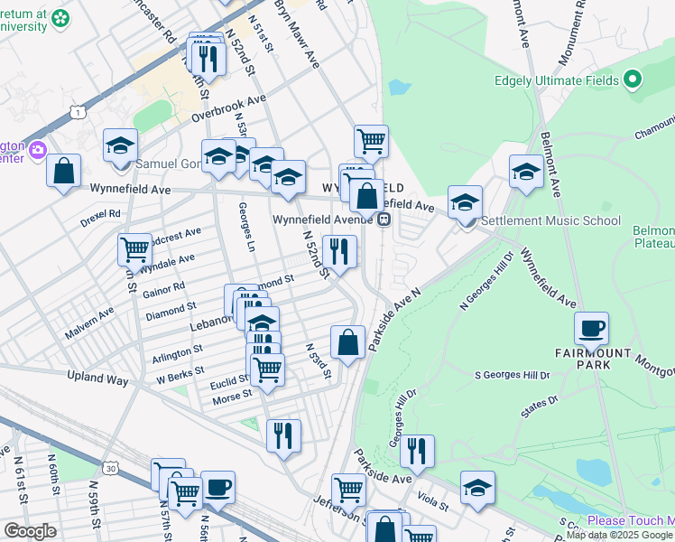 map of restaurants, bars, coffee shops, grocery stores, and more near 5203 Lebanon Avenue in Philadelphia