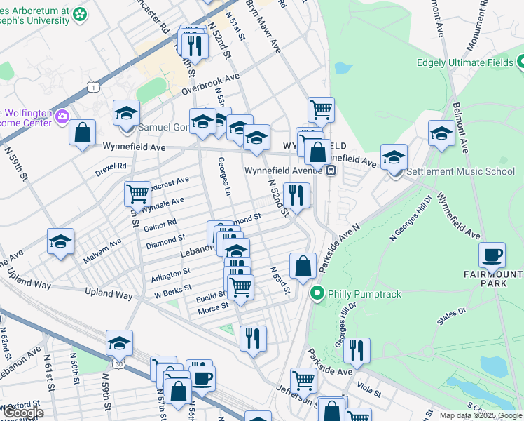 map of restaurants, bars, coffee shops, grocery stores, and more near 5235 Diamond Street in Philadelphia