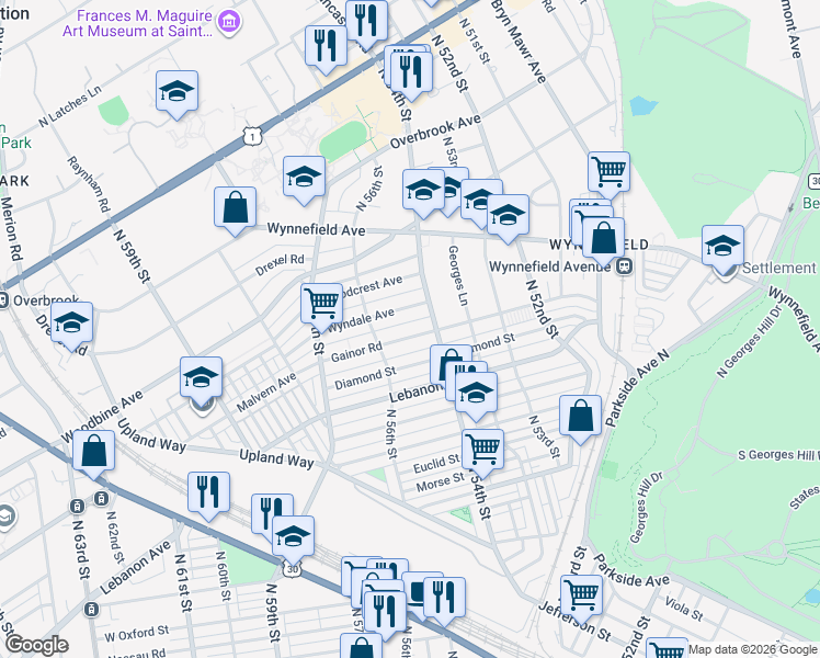 map of restaurants, bars, coffee shops, grocery stores, and more near 5420 Gainor Road in Philadelphia