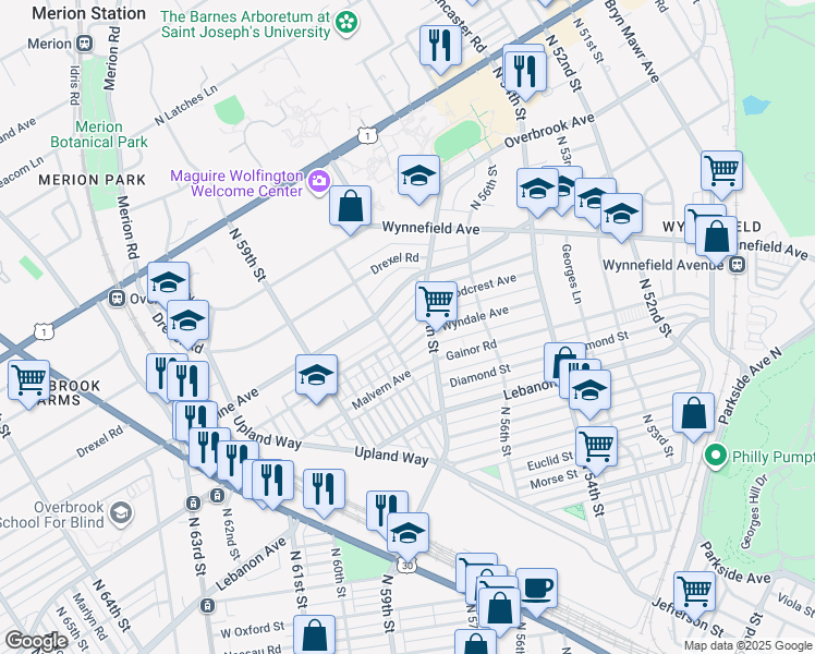 map of restaurants, bars, coffee shops, grocery stores, and more near 5729 Wyndale Avenue in Philadelphia