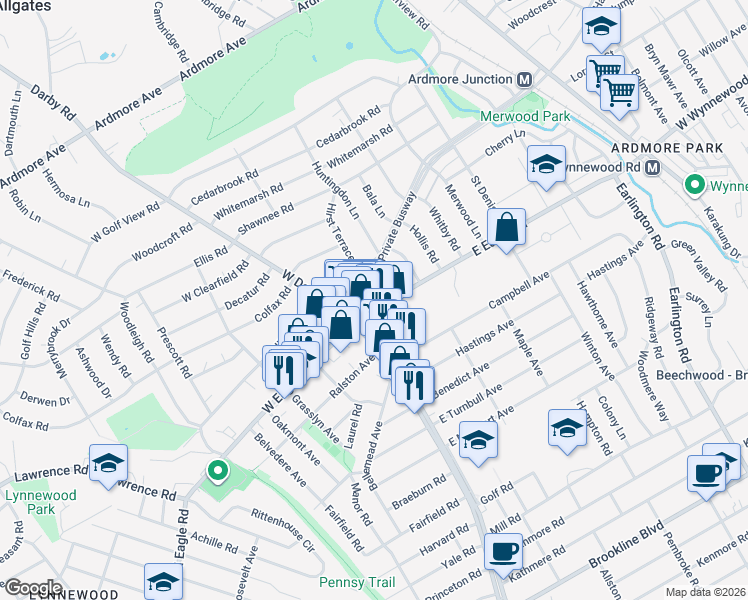 map of restaurants, bars, coffee shops, grocery stores, and more near in Havertown