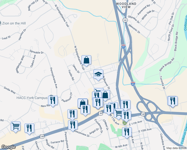 map of restaurants, bars, coffee shops, grocery stores, and more near 1979 North Susquehanna Trail in York