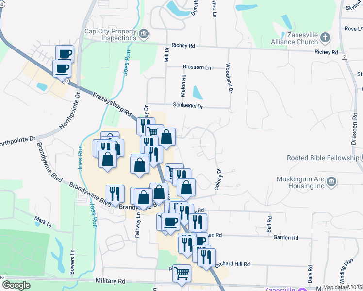map of restaurants, bars, coffee shops, grocery stores, and more near 3574 Chesapeake Drive in Zanesville