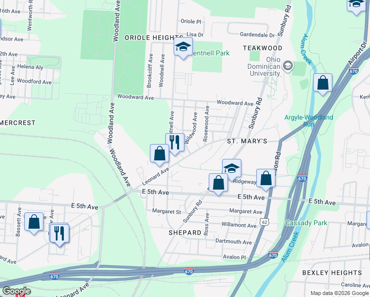 map of restaurants, bars, coffee shops, grocery stores, and more near 2110 Leonard Avenue in Columbus
