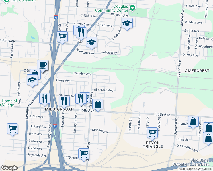 map of restaurants, bars, coffee shops, grocery stores, and more near 1056 Olmstead Avenue in Columbus