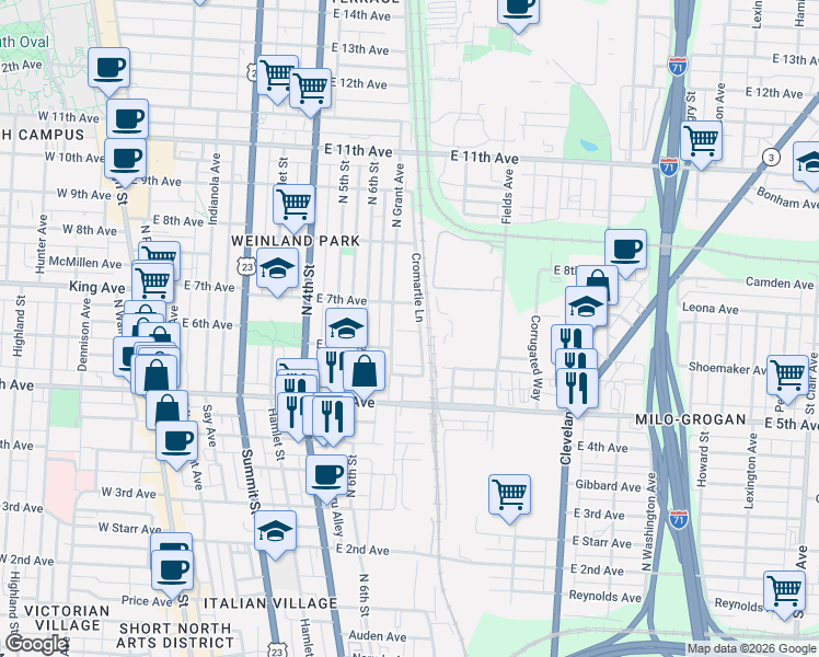 map of restaurants, bars, coffee shops, grocery stores, and more near 1219 Cromartie Lane in Columbus
