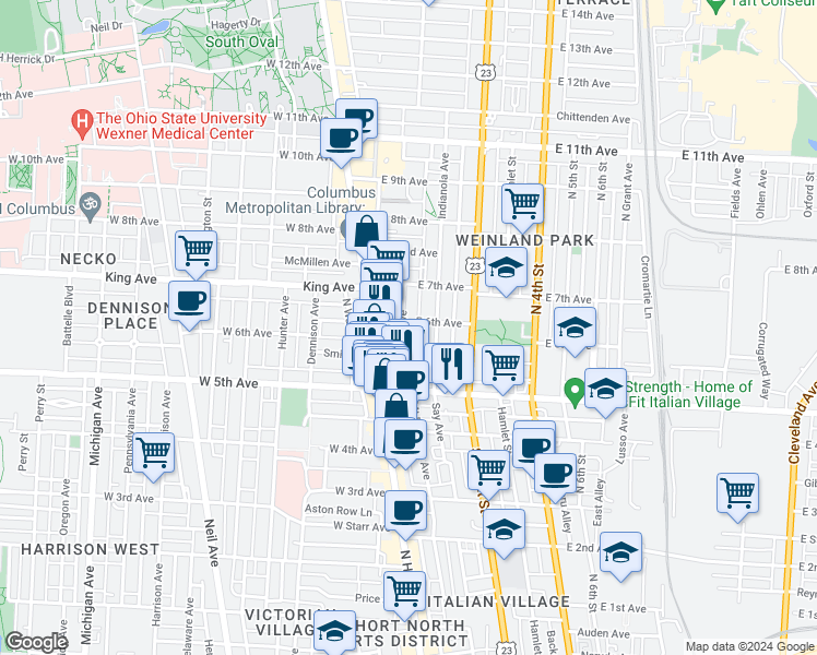 map of restaurants, bars, coffee shops, grocery stores, and more near 1265 Indianola Avenue in Columbus