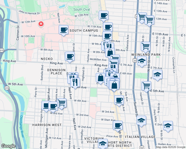 map of restaurants, bars, coffee shops, grocery stores, and more near 1293 Dennison Avenue in Columbus
