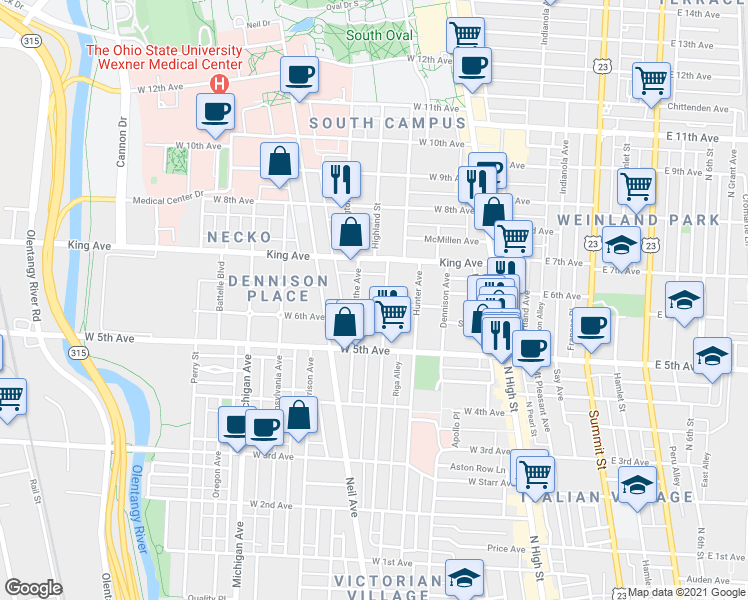map of restaurants, bars, coffee shops, grocery stores, and more near 1318 Forsythe Avenue in Columbus