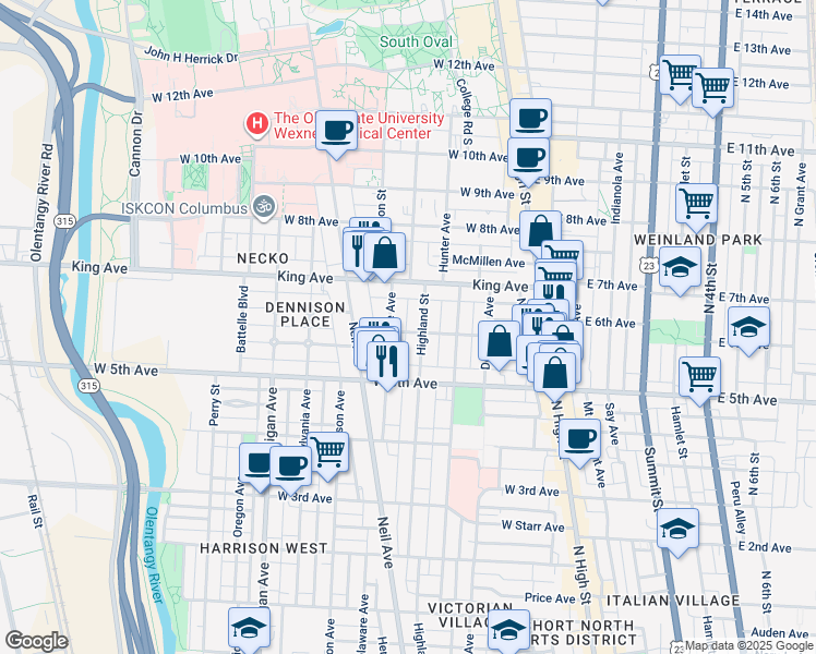 map of restaurants, bars, coffee shops, grocery stores, and more near 1318 Forsythe Avenue in Columbus
